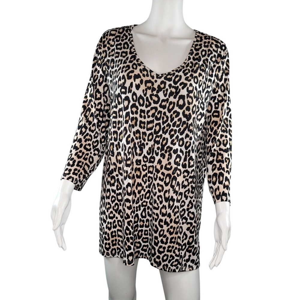 Chico's Tan & Black Leopard Print Long Sleeve V-Neck Tunic